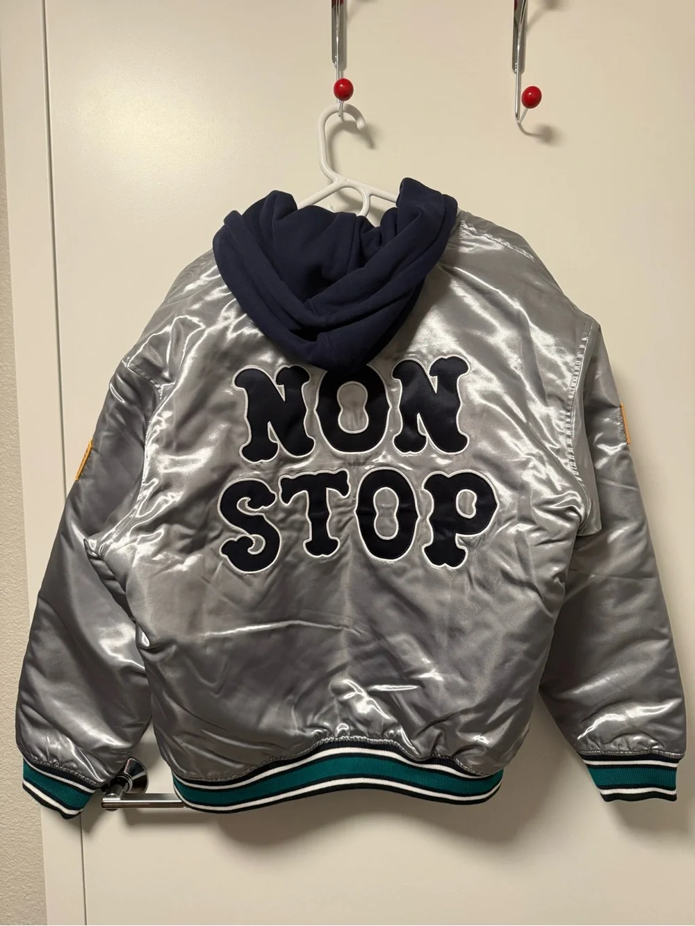 Supreme Silver Satin Varsity Jacket with Navy Hood & Teal Trim